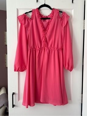 Nicole Miller Ruffle-Trim Cold-Shoulder Dress - Hot Pink